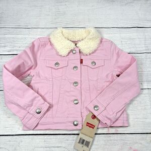 Levis Pink Denim Trucker Jacket Toddler Girls Sz 3T Sherpa Collar Button NEW